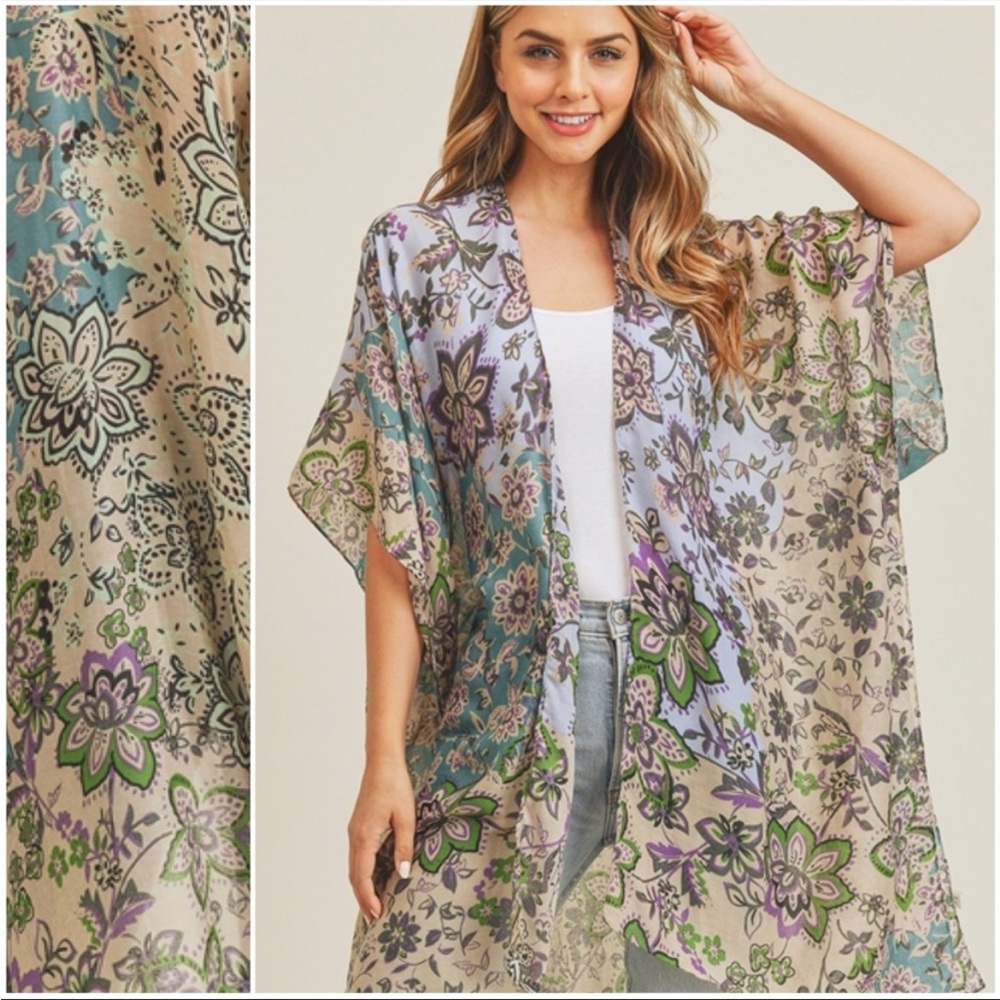 Bohemian Multi Floral Pattern Cardigan Kimono Coverup